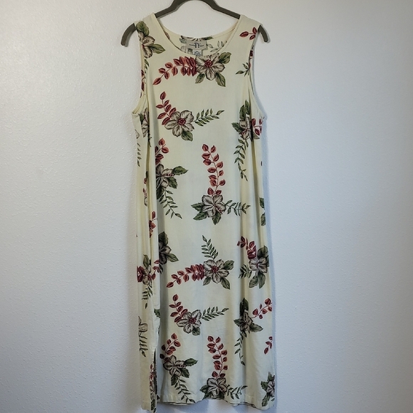 Vintage 90s Linen Blend Maxi Dress Size 12 S/M Sleeveless Floral Tropical Hawaii - Picture 1 of 11